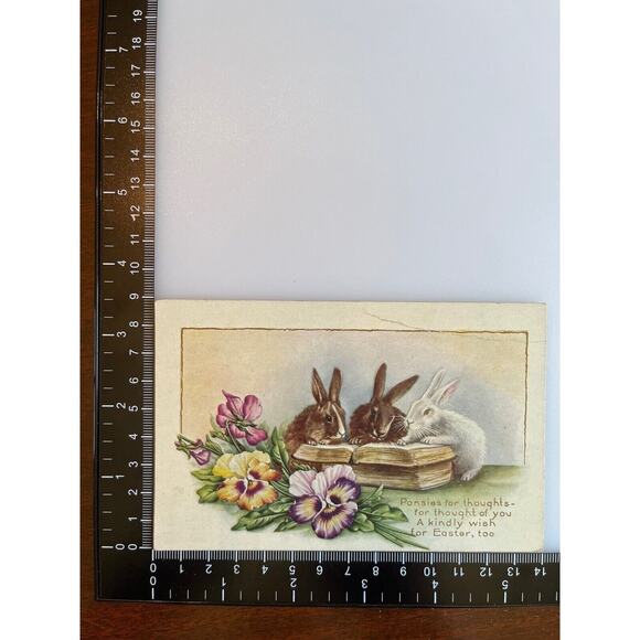 Antique Early 1900s Ephemera Easter Greetings Postcard Bunny Rabbits Pansies SEE - Picture 3 of 8